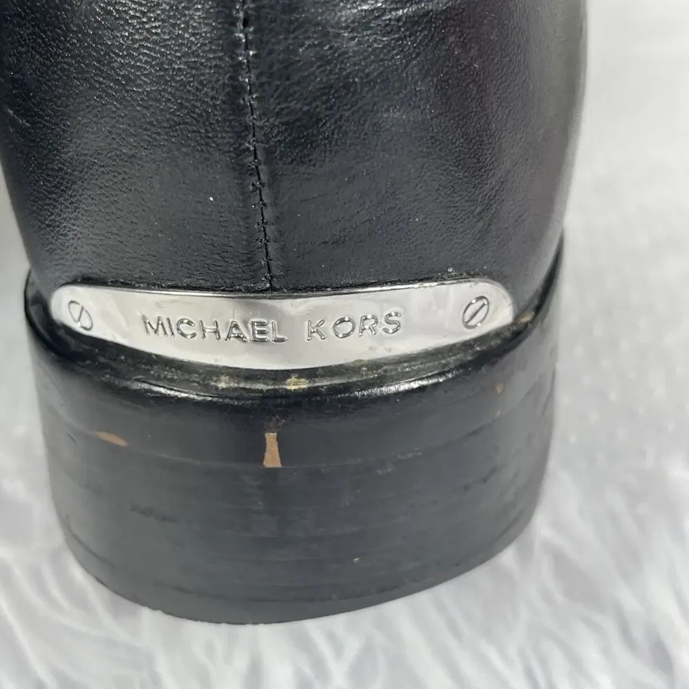 Michael Kors Womens 7M Black Leather Ankle Boots Buckle Strap Moto Biker
